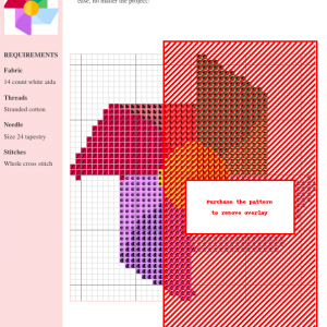 Image of a Windmill cross stitch pattern featuring six colorful sections in shades of red, green, purple, light blue, and yellow, arranged around a central yellow circle.