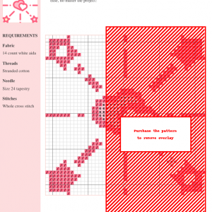 Image of a cross-stitch pattern featuring two overlapping hearts surrounded by stylized fireworks and stars. Pink and white color scheme.