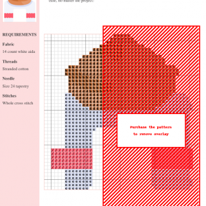 Cross stitch pattern depicting a stylized dome structure with a terracotta-colored top and white base accented with pink bands.