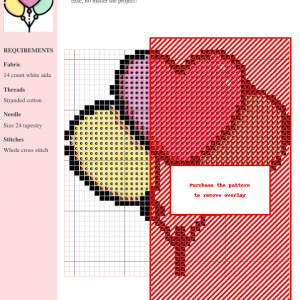Cross stitch pattern featuring three pastel-colored balloons, one shaped like a heart, ready for stitching.