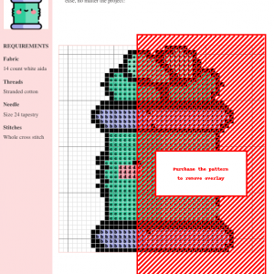 Cross stitch pattern featuring a cute, cartoon-style can of spinach with a smiling face and vibrant green leaves.