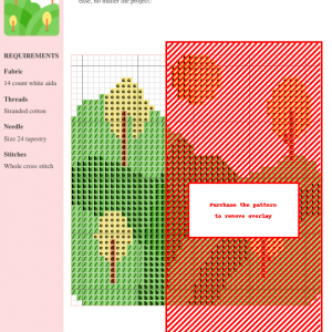 Cross stitch pattern depicting a sunny meadow scene with stylized green hills and small yellow trees.