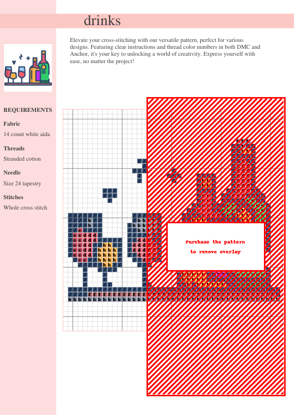 Cross stitch pattern featuring a charming design of wine bottles, glasses, and a tray, perfect for home decor or gifts.