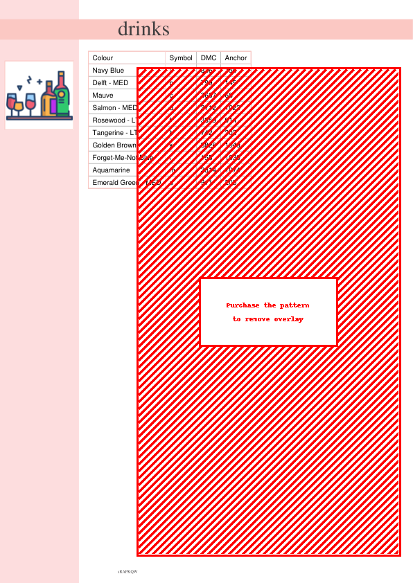 Cross stitch pattern depicting wine glasses and bottles on a tray; colorful and fun design.