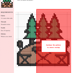 Cross stitch pattern depicting a simple campsite scene with a table, chairs, and three evergreen trees on a hill.