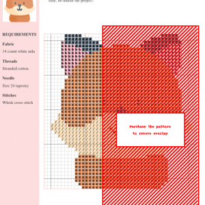 Image of a charming cross stitch pattern featuring a simplified fox design in shades of brown, pink, and gray.