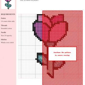 Image of a rose cross stitch pattern featuring a single pink and purple rose with teal leaves and stem.