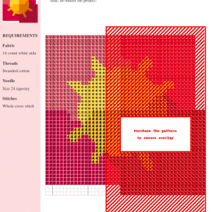 Cross stitch pattern featuring a stylized sun design in yellow and pink/red squares.