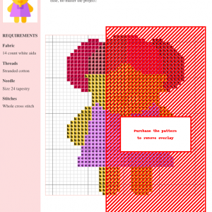 Image of a cross stitch pattern depicting a cute doll with pink hair and a purple dress. The design is simple and charming, perfect for beginners.