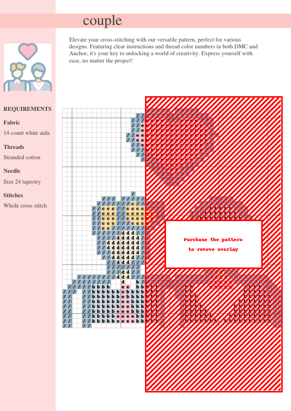 Image of a cross stitch pattern depicting two men embracing under a heart, symbolizing love and commitment.