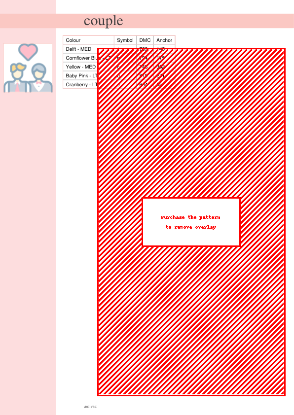 Cross stitch pattern depicting two men embracing under a heart, symbolizing love and commitment. Pastel color palette.