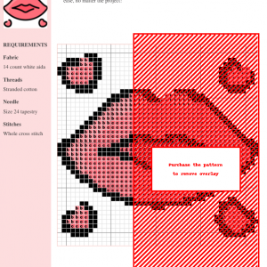 Cross stitch pattern featuring a pair of pink lips surrounded by small hearts, perfect for Valentine's Day or romantic projects.