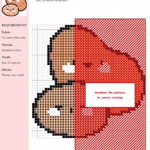 Cross stitch pattern featuring two kawaii potatoes, one larger and smiling, the other smaller and sleepy. Brown and beige color palette.