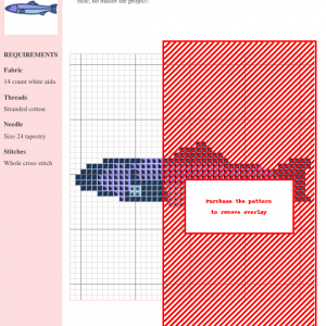 Cross stitch pattern of a stylized fish in shades of blue and purple.