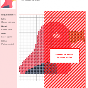 Cross stitch pattern featuring a charming crossbill bird with a small fish in its beak. The bird is primarily red and gray.