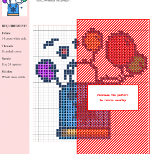Cross stitch pattern depicting a light blue gift bag with a snowflake, adorned with colorful balloons.