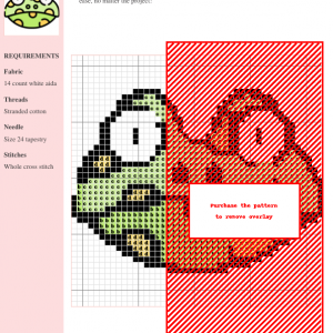Cross stitch pattern of a cute, cartoon frog with yellow spots on a light green body. The design is simple and charming, perfect for beginners.