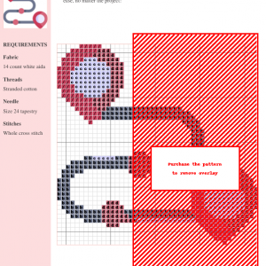 Image of a cross stitch pattern depicting a winding road with three location markers, in shades of red and gray.