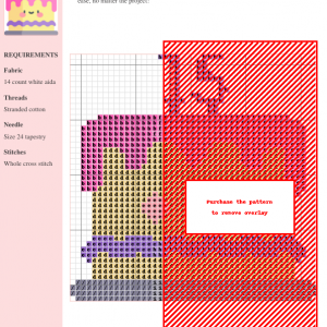 Cross stitch pattern of a cute birthday cake with the number 15 on top, in pastel pink, yellow, and purple.