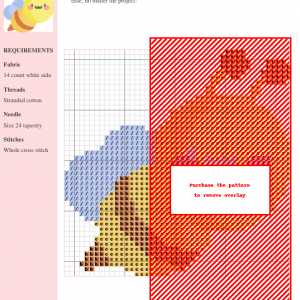 Cross stitch pattern of a cute, cartoon bee with yellow body, orange antennae, and light blue wings.