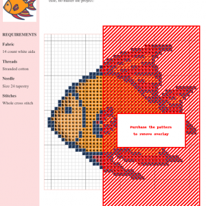 Cross stitch pattern of a cute orange fish with red and orange striped fins. Perfect for beginners and experienced stitchers.