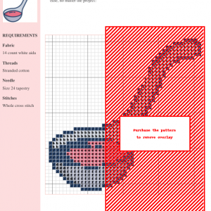 Cross stitch pattern depicting a ladle filled with pink liquid, suitable for kitchen-themed embroidery projects.