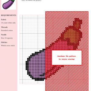 Cross stitch pattern design of a charming purple eggplant with green stem, perfect for needlepoint and embroidery projects.
