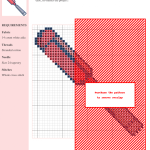 Image of a cross-stitch pattern depicting a red and grey chisel.