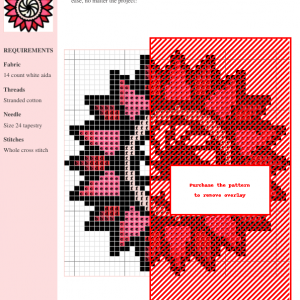 Image of a protea flower cross stitch pattern featuring pink and red petals surrounding a stylized, swirling white and pink center. The design is outlined in black.