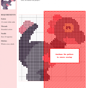 Cross stitch pattern featuring a cute, cartoon-style Gigantoraptor dinosaur in shades of purple and pink.
