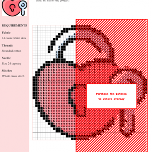 Cross stitch pattern design featuring a heart-shaped padlock and key, in pink and light blue.