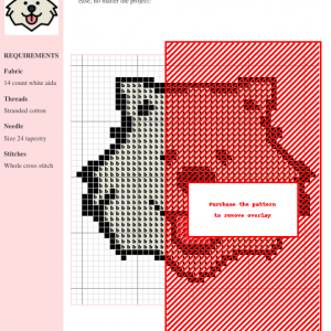 Cross stitch pattern featuring a charming Samoyed dog with a playful expression. The design is primarily off-white with accents of dark blue and pink.