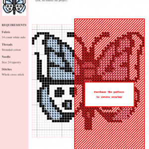 Cross stitch pattern featuring a detailed butterfly design in shades of light blue and gray.
