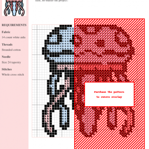 A charming cross-stitch pattern design featuring a light blue jellyfish with pink tentacles, perfect for crafting and needlepoint projects.