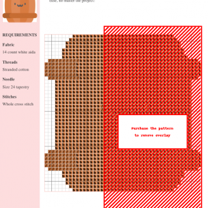 Cross stitch pattern of a cute, cartoon-style wine barrel in shades of orange and brown.