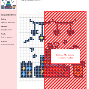 Cross stitch pattern featuring a stack of presents, party lights, and a coffee cup, perfect for holiday crafting.