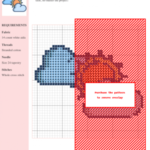 Cross stitch pattern featuring a smiling sun peeking from behind fluffy clouds. A charming and simple design ideal for beginners.