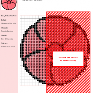 Image of a poppy flower cross stitch pattern design. The pattern features a stylized pink poppy with black outlines.