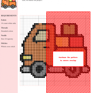 Cross stitch pattern of a cute orange pick-up truck carrying colorful boxes.