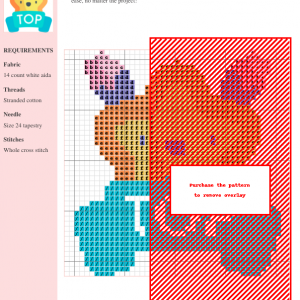 Cross stitch pattern featuring a cute, smiling yellow star with pink and purple accents, holding a teal ribbon banner that reads 'TOP'.