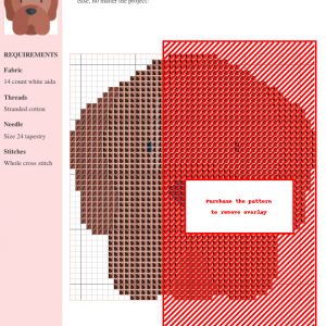 Cross stitch pattern of a charming Great Dane dog head, featuring shades of brown and a touch of blue for the nose.