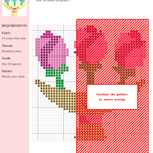 Image of a cross stitch pattern featuring three pink roses in a cute, yellow vase with a smiling face.