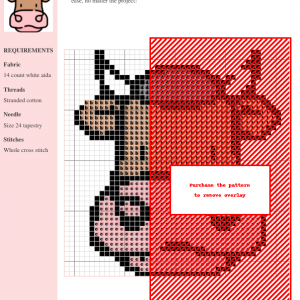 Cross stitch pattern featuring a charming cartoon cow design. The cow is brown and pink with simple, outlined features.
