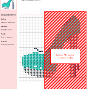 Image of a cross stitch pattern depicting a pair of teal high-heeled shoes. The design is simple yet elegant.