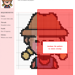 Cross stitch pattern featuring a cute cartoon farmer girl wearing a brown hat and overalls.