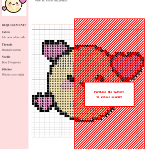 Image of a cute kawaii moon cross stitch pattern surrounded by pink hearts.