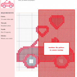 Cross stitch pattern featuring a pink convertible car with two floating hearts, perfect for Valentine's Day or romantic projects.