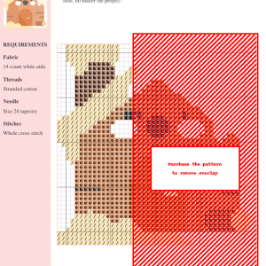 Cross stitch pattern of a cute, smiling cabin covered in snow. The design features warm brown and beige tones.