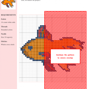 Image of a charming goldfish cross stitch pattern design. The goldfish is orange with red and orange fins, outlined in dark blue.