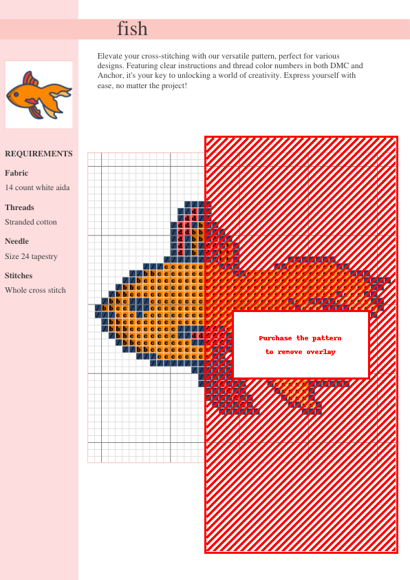 Image of a charming goldfish cross stitch pattern design. The goldfish is orange with red and orange fins, outlined in dark blue.